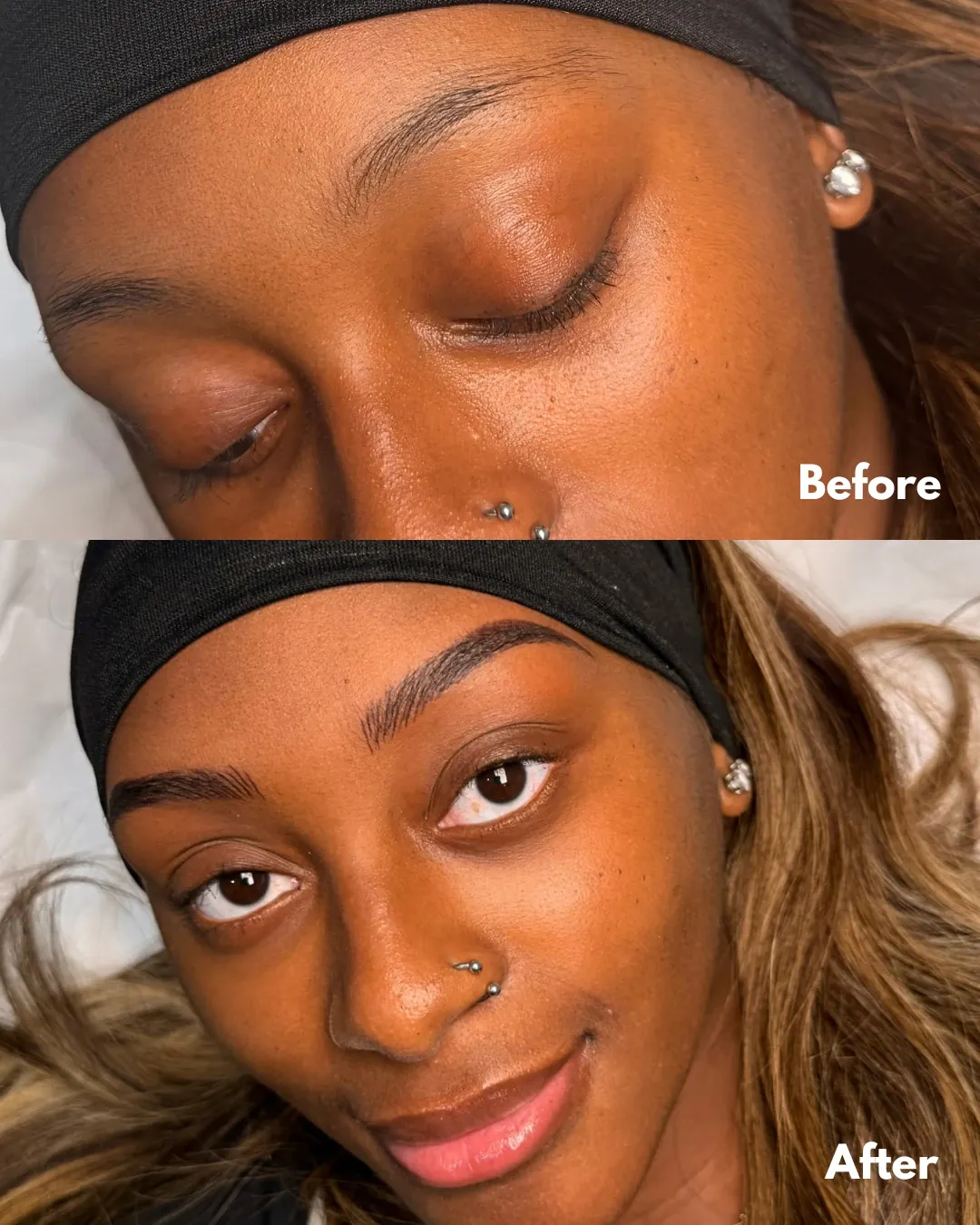 Before and after: a client’s sparse, uneven brows, then fuller, defined semi-permanent brows