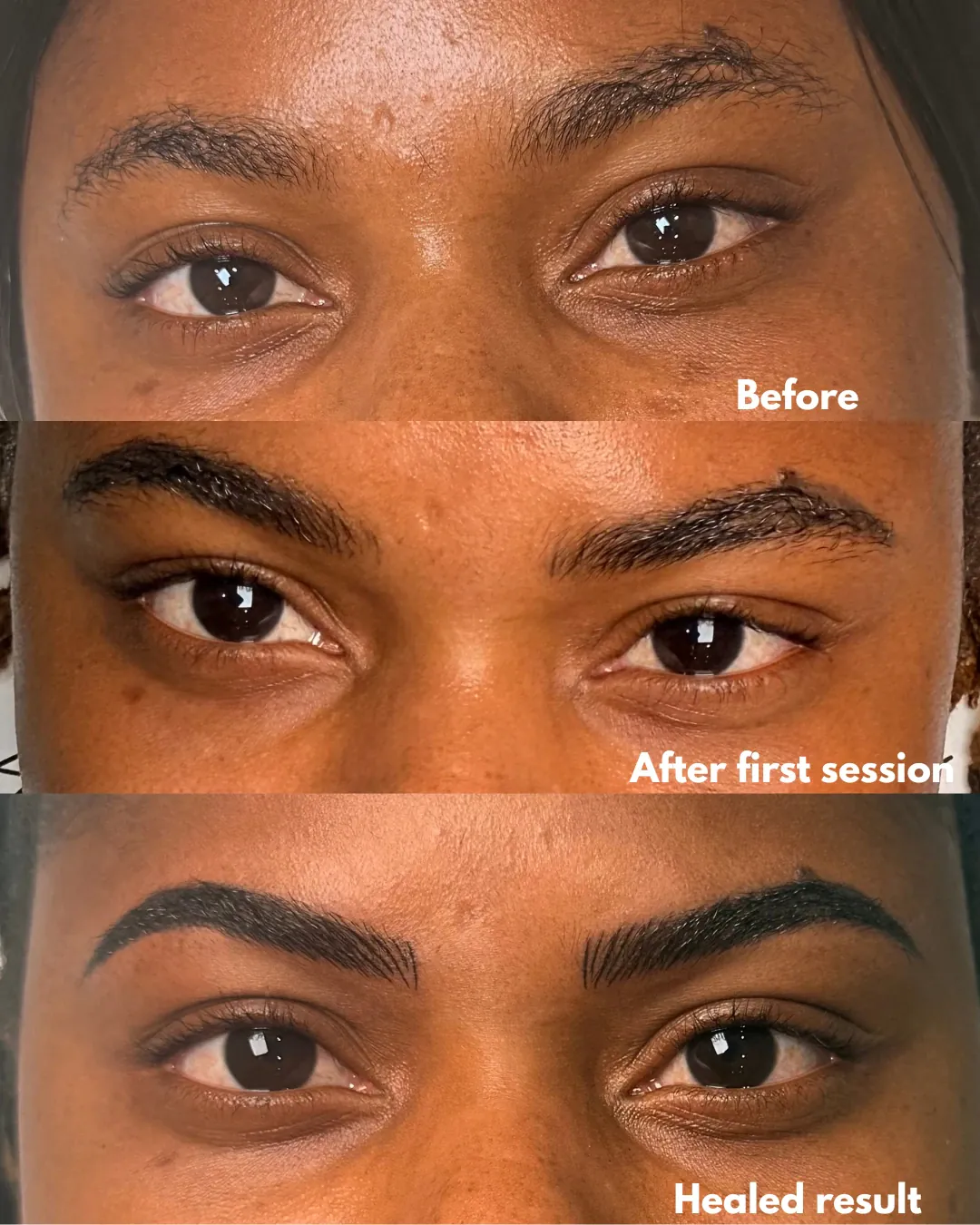 Before, after the first session and healed result: a client’s patchy brows filled in with fine hairstrokes